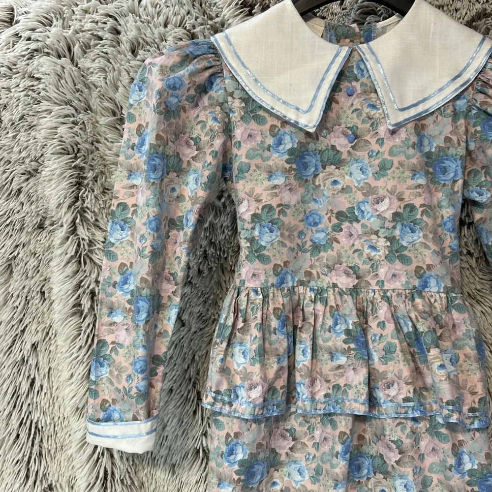 Vtg Debut Prairie Dress Girls Size 7 Ruffled Floral Cottagecore USA Long Sleeve